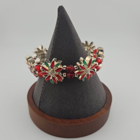 Christmas Poinsettia Flower Stretch Bracelet Red Green Chunky Statement Gaudy - Picture 1 of 3
